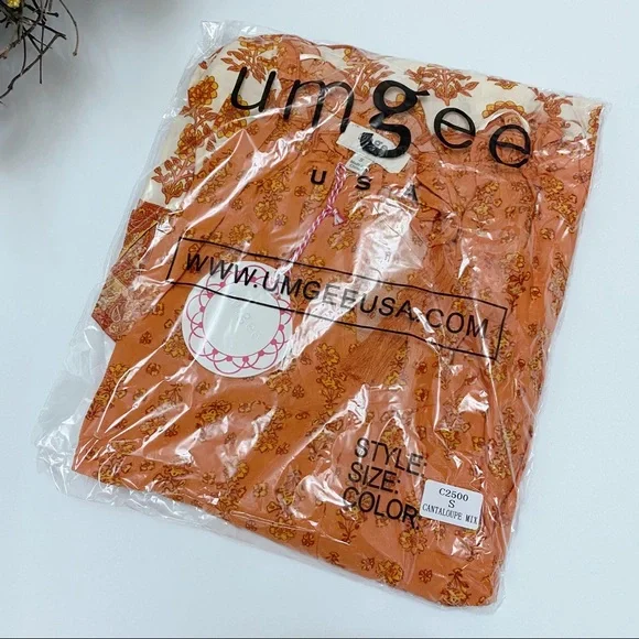 Umgee | Floral Long Puff Sleeve Keyhole Dress Ruffle Hem Tassel Tie Tiered Boho - Picture 14 of 16